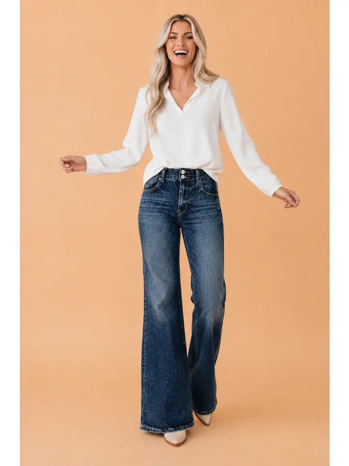 Sail Blue Acid Wash Pocket Detail Flare Jeans