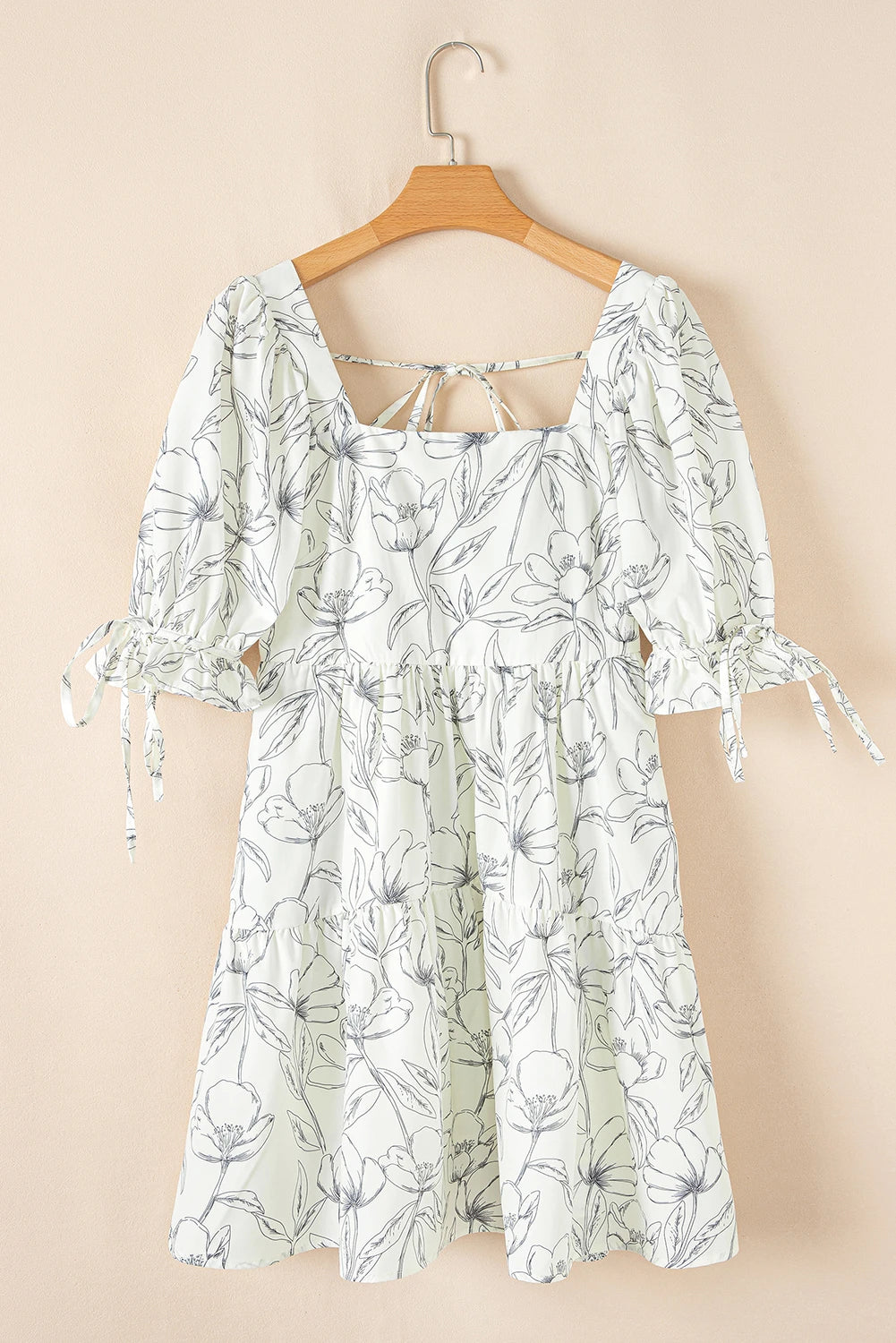 Beige Floral Print Square Neck Shirred Back Puff Sleeve Dress