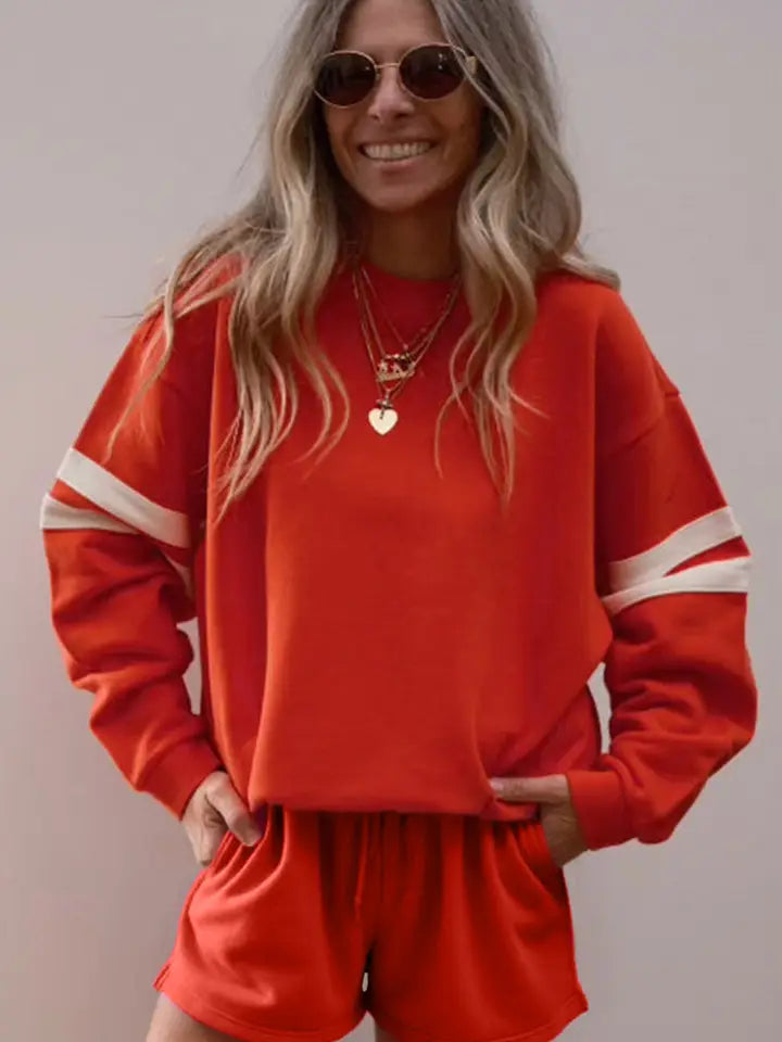 Varsity Striped Sleeve Drop Shoulder Sweatshirt Short Set