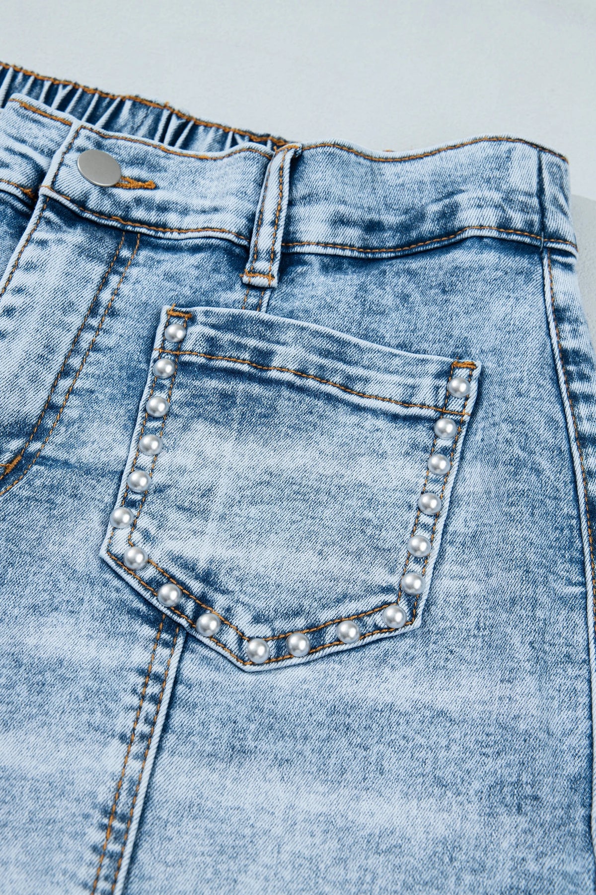 Beau Blue Frayed Studded Detail Wide Leg Pocketed Jeans