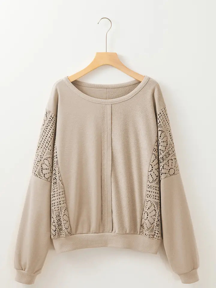 Knit Crochet Exposed Seam Ribbed Trim Sweatshirt
