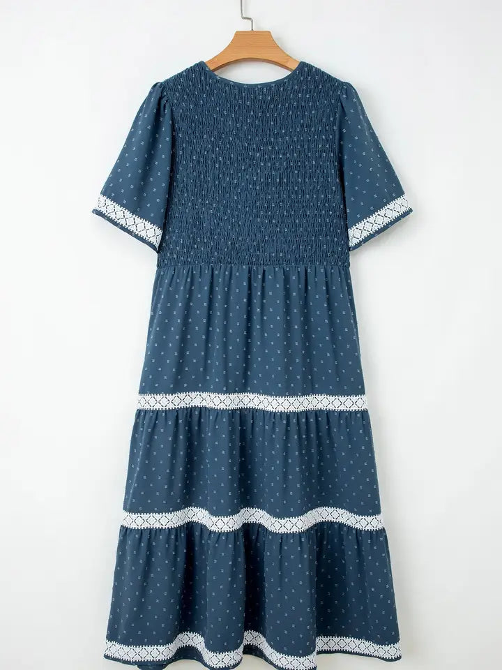 Plus Size Swiss Dot Lace Patchwork Midi Dress