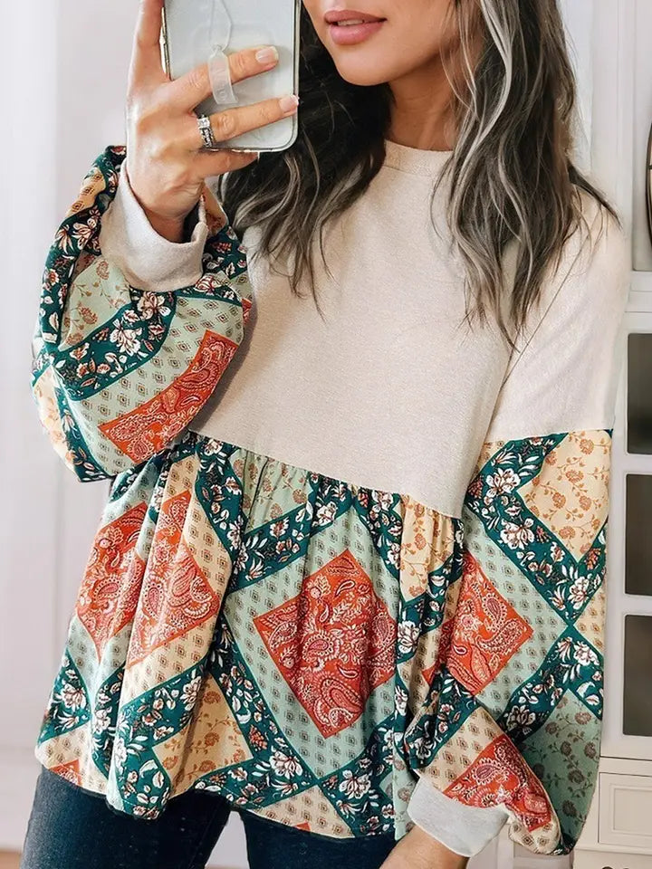 Paisley Geometric Patchwork Long Sleeve Top