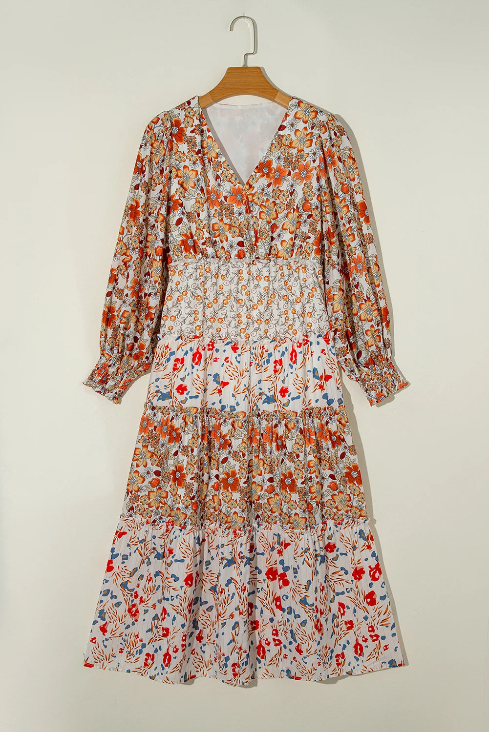 Khaki Floral Print Ruffled Tiered Long Sleeve V Neck Midi Dress