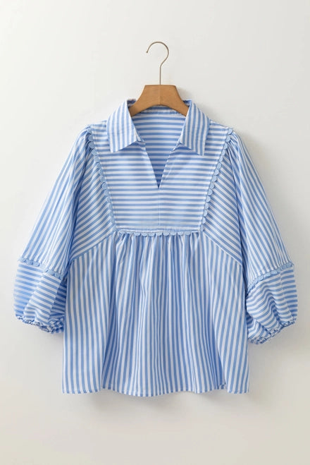 Stripe Shirt Collar Ricrac Trim Blouse