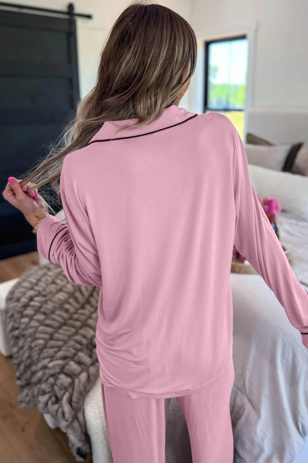 Delicacy Contrast Piping Trim Lapel Button Down Top Lounge Pajama Set
