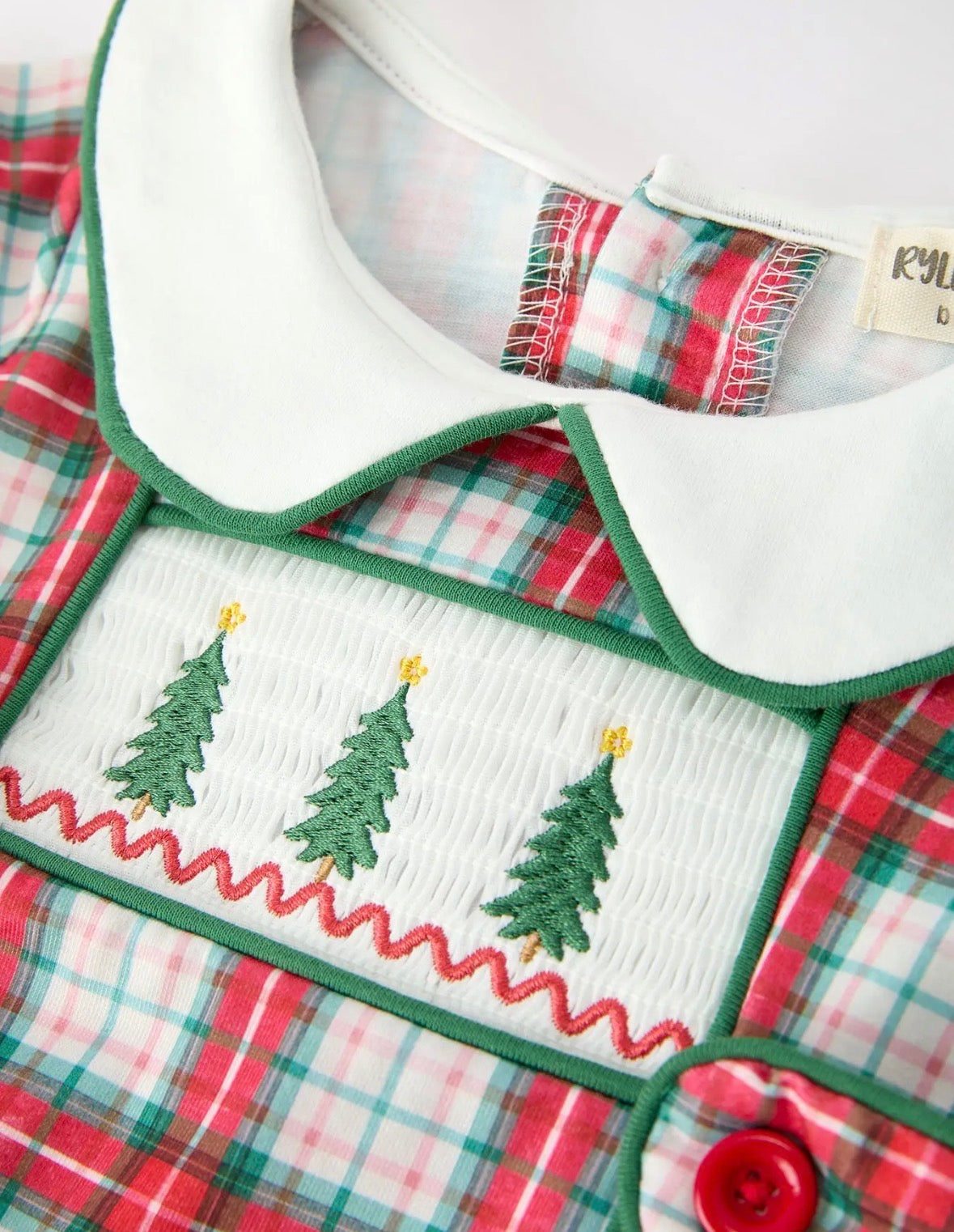Christmas Tree Plaid Boys Romper Peter Pan Collar Smocked