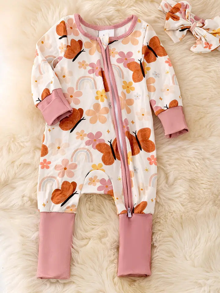 Bamboo Made W/Butterfly Print Bodysuit, Matching Headband