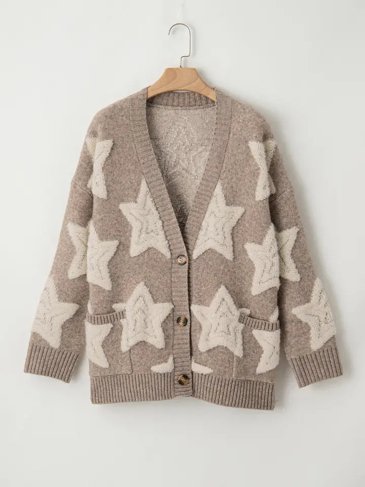 Star Sherpa Textured Buttoned Sweater Cardigan
