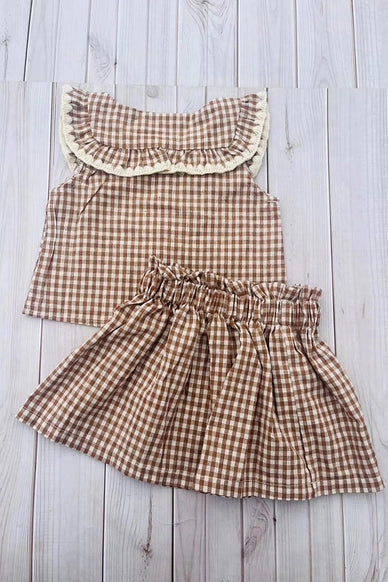 Brown Plaid Top & Skirt Girls Boutique Set