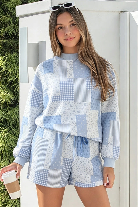 Patchwork Long Sleeve Waist Shorts