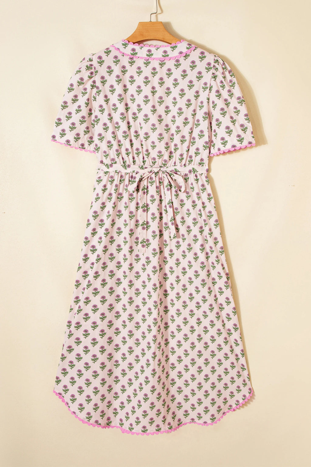 Pink Floral Print V Neck Scallop Long Dress