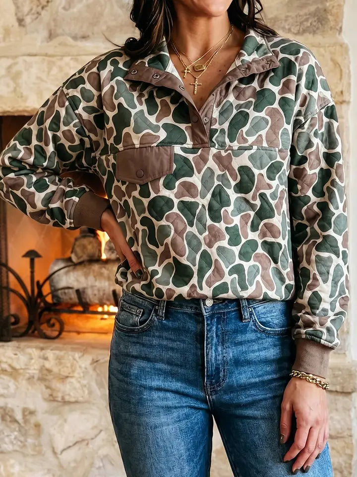 Western Camo Pullover Long Sleeve Stand Neck Sweatshirt
