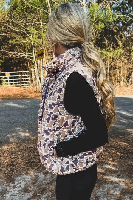 Camouflage Puffer Zip-Up Stand Neck Sleeveless Vest