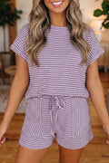 Purple Stripe Breathable Textured Knit Short Set