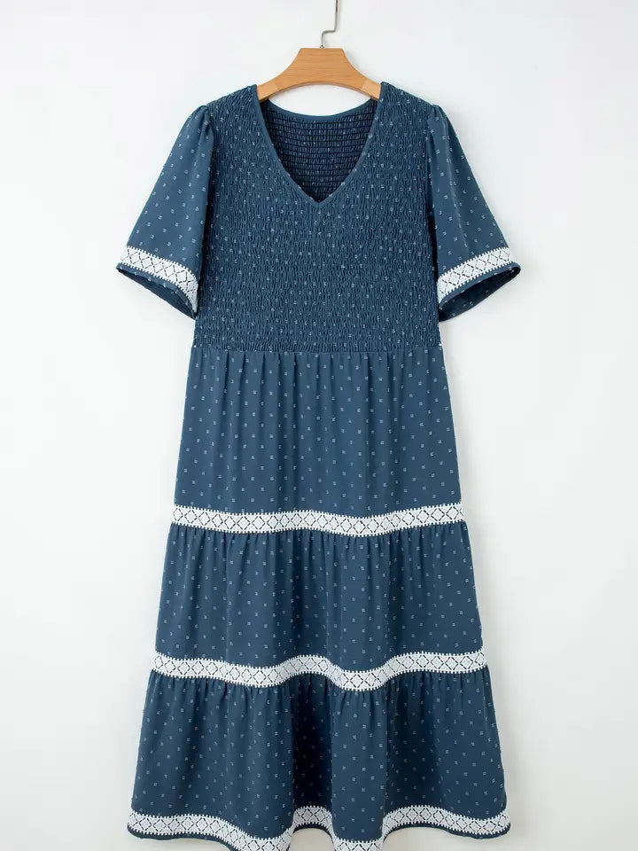 Plus Size Swiss Dot Lace Patchwork Midi Dress