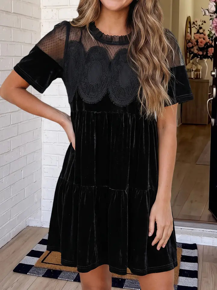 Solid Embroidered Mesh Patchwork Velvet Mini Dress