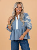 Floral Embroidered Colorblock Puff Sleeve Blouse