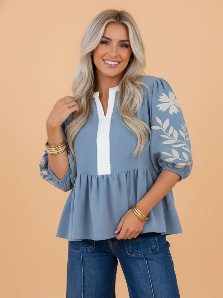 Floral Embroidered Colorblock Puff Sleeve Blouse