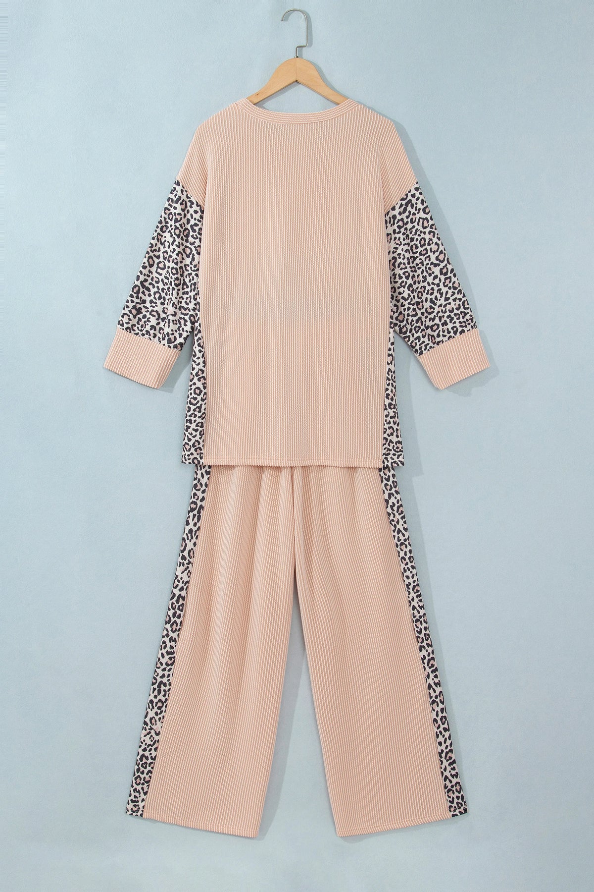 Parchment Leopard Print Twisted Ribbed Patchwork Long Sleeve Top Loose Pant Set