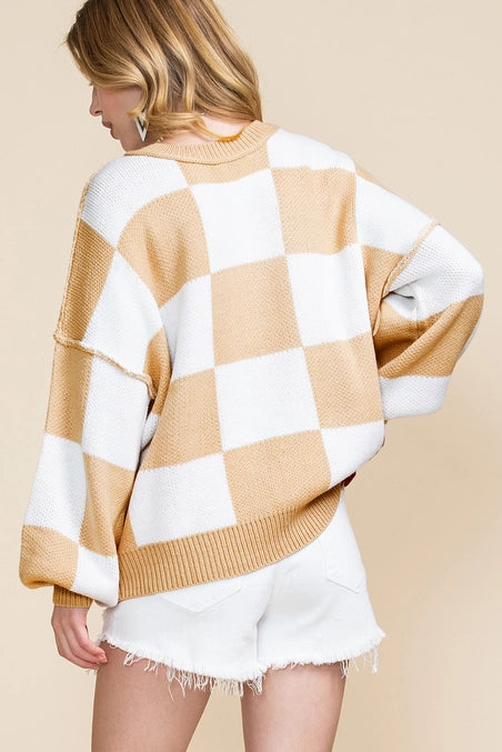 The Mandy | Checkered Bishop Sleeve Sweater