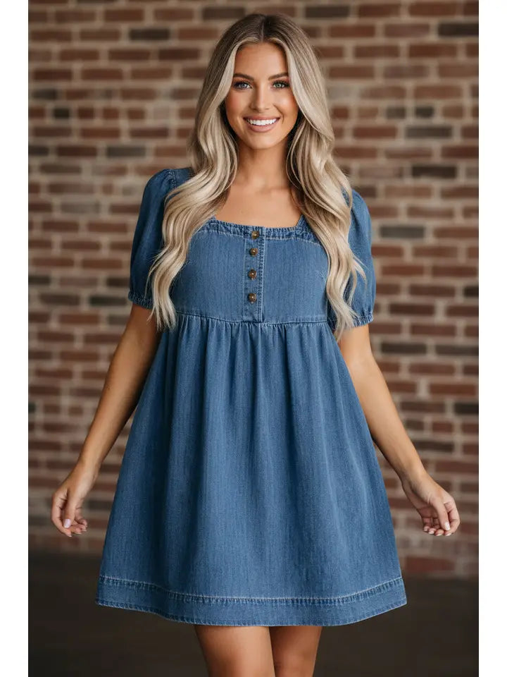 Denim Square Neck Puff Sleeve Mini Dress