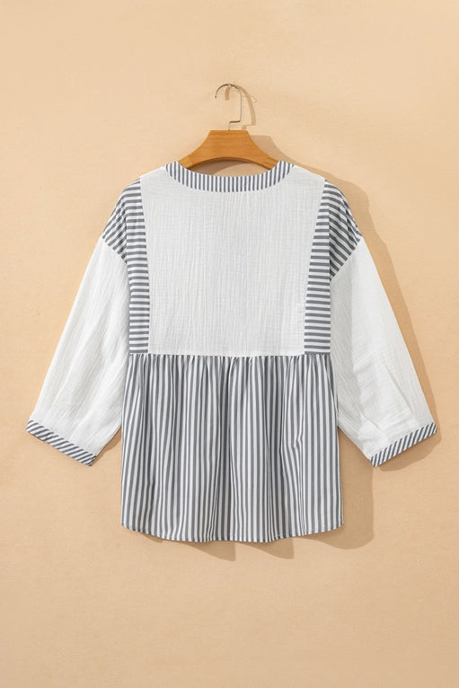 Stripe Patchwork 3/4 Sleeve Babydoll Blouse