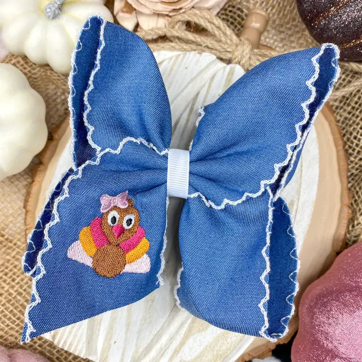 Turkey Moonstitch On Denim Hair Bow | Clip
