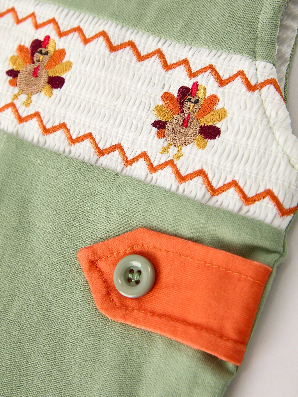 Fall Thanksgiving Bird Smock Embroidered Green Boys Romper