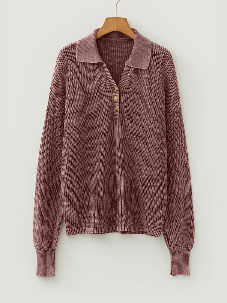 Mineral Wash Buttoned Polo Collar Knit Sweater