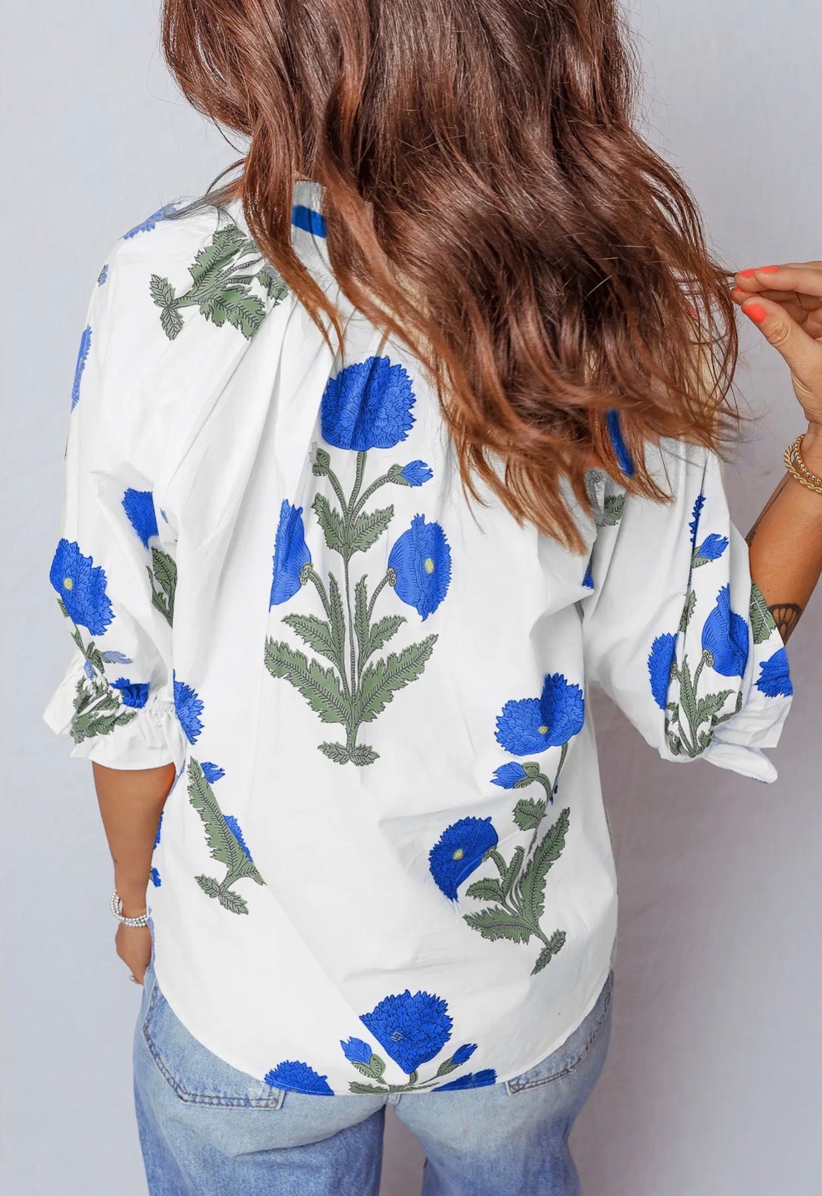 Wild Flower Print V Neck 3/4 Sleeve Blouse