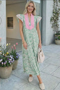 Contrast Trim Flutter Sleeve Floral Dress