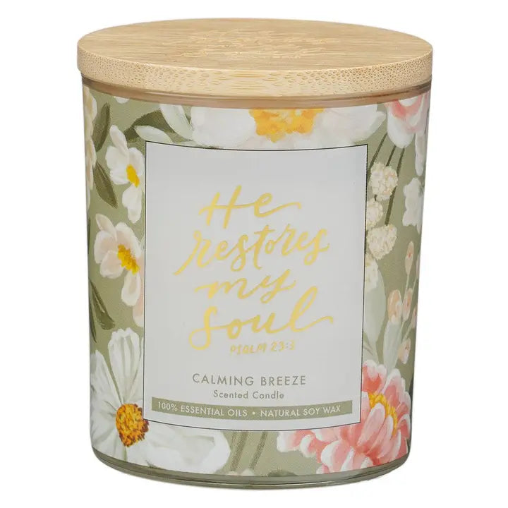 Glass Candle Bamboo Lid He Restores My Soul Ps. 23:3