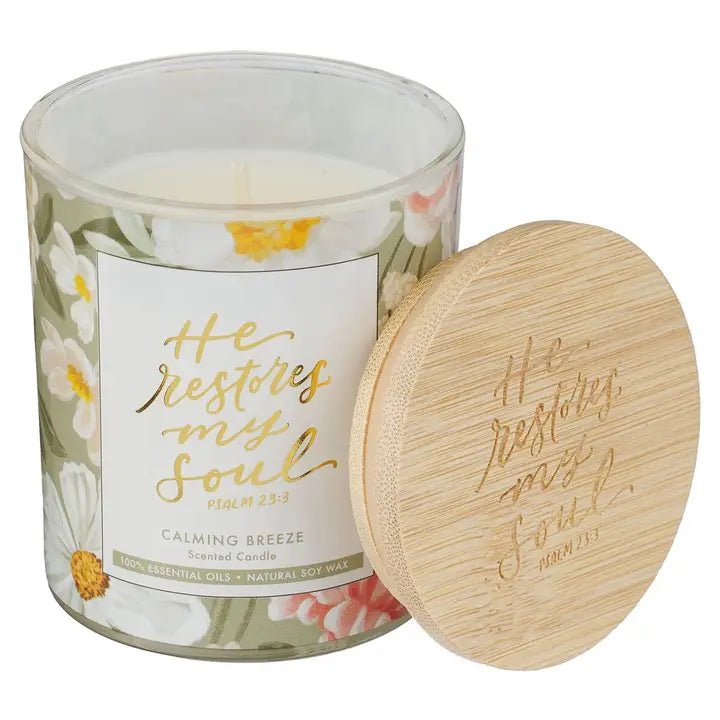 Glass Candle Bamboo Lid He Restores My Soul Ps. 23:3