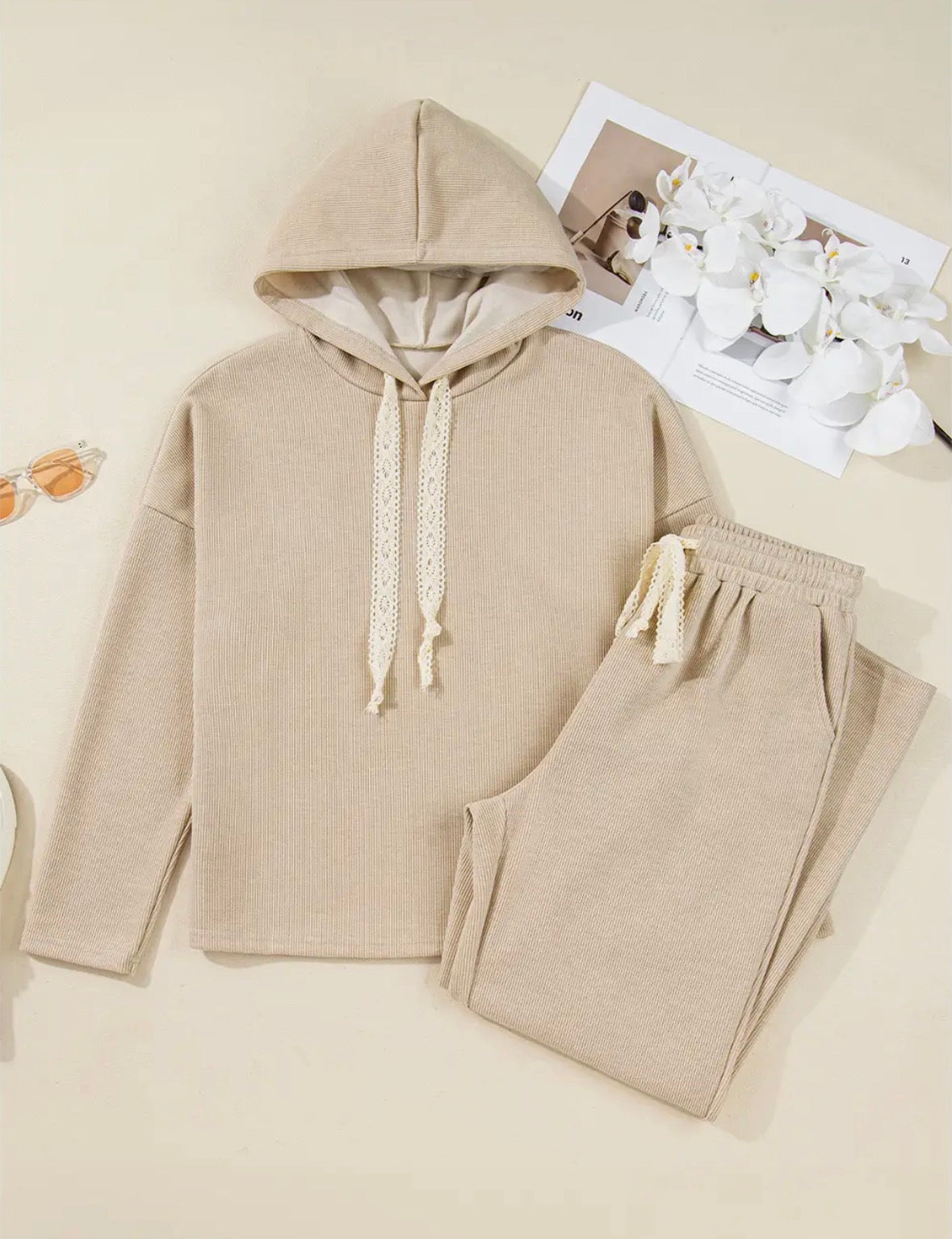 Drawstring Pullover Hoodie and High Waist Pants Corduroy Set