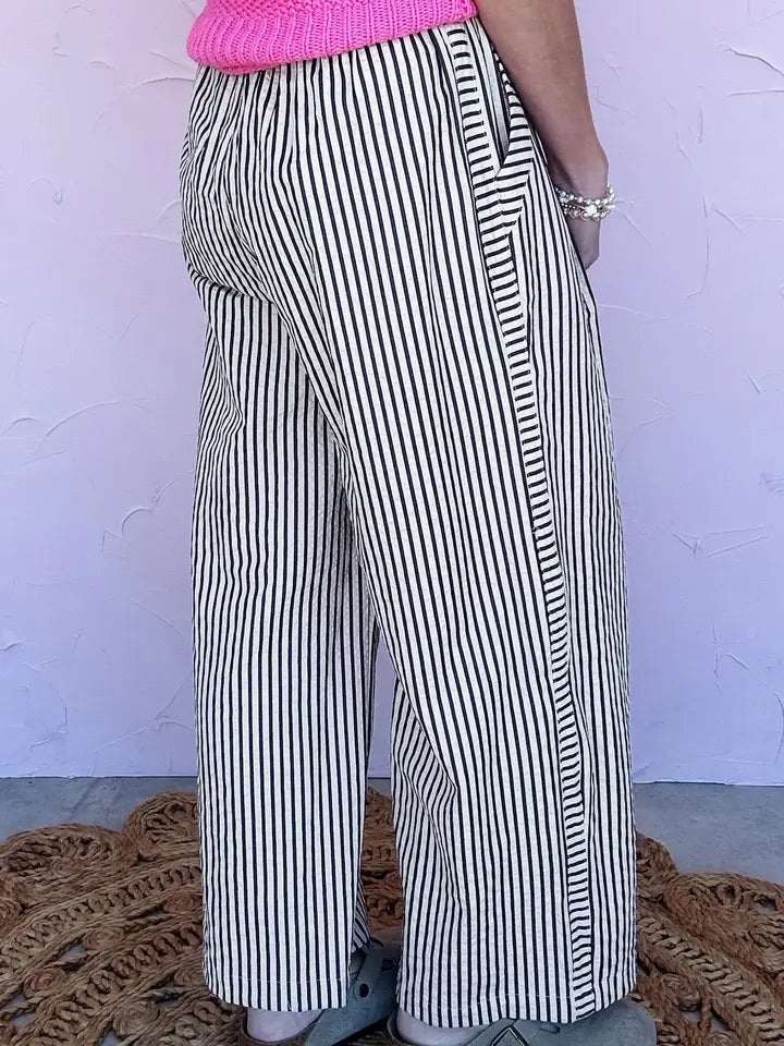 Black Stripe Plus Size Tie Waist Loose Pants