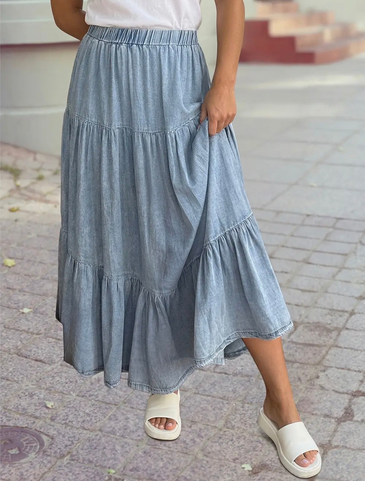 Elastic Waist Ruffled Denim Skirt