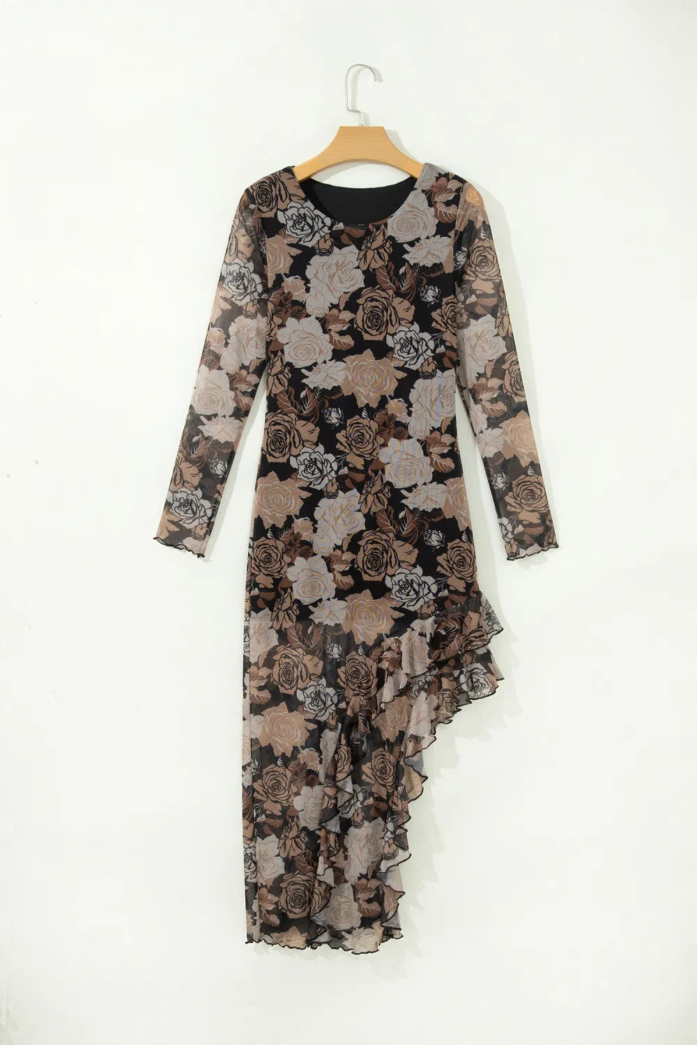 Black Floral Long Sleeve Asymmetric Ruffle Split Hem Mesh Dress