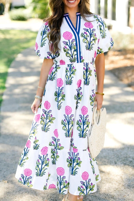 Keira | Floral Short Sleeve V Neck High Waist Maxi Dress