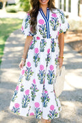 Keira | Floral Short Sleeve V Neck High Waist Maxi Dress