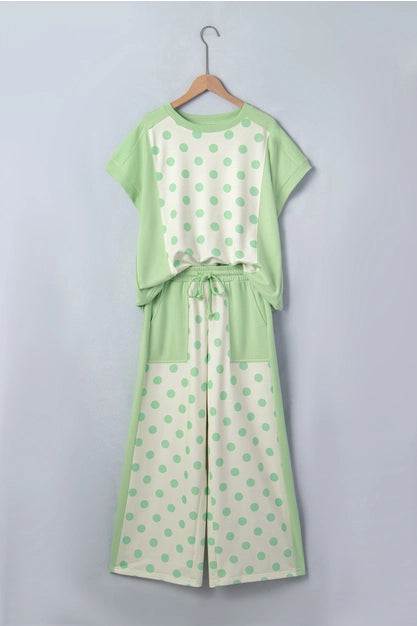 Polka Dot Top and High Waist Pants 2pcs Set