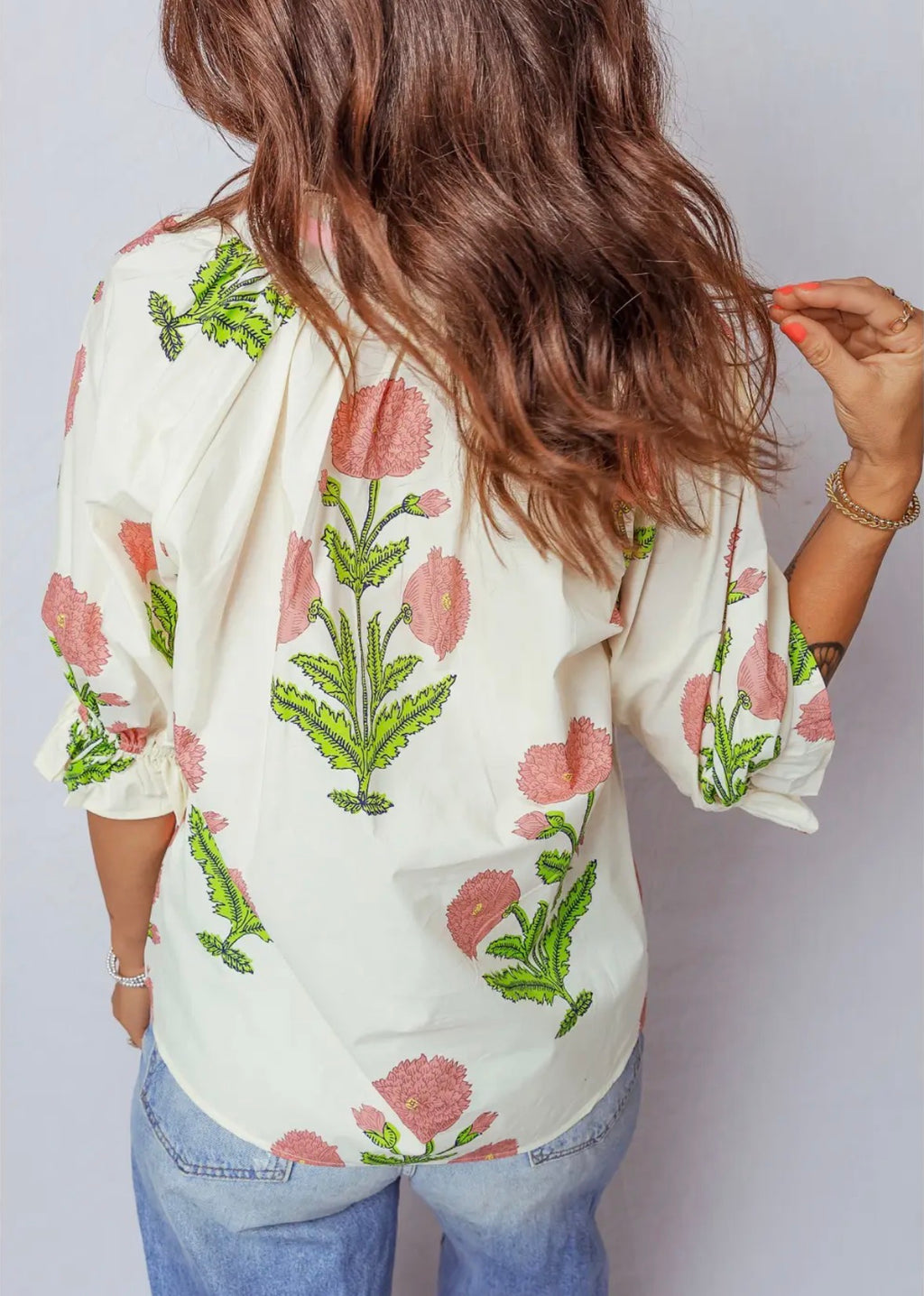 Wild Flower Print V Neck 3/4 Sleeve Blouse