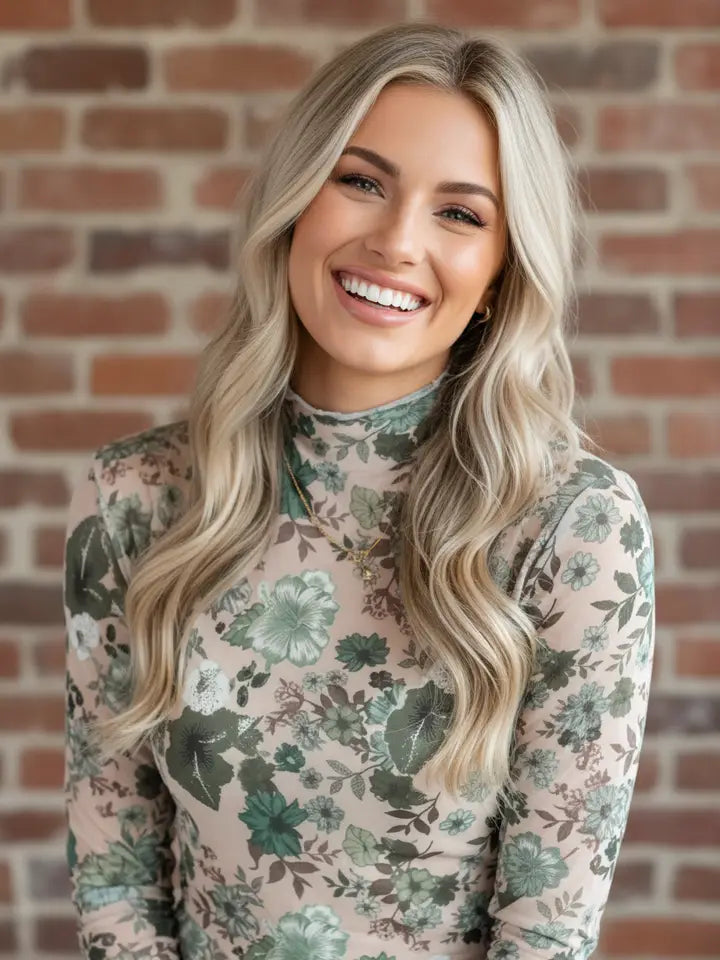 Floral Mock Neck Long Sleeve Mesh Top