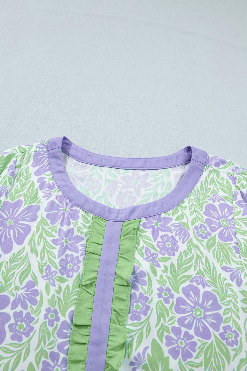 Purple Floral Print Ruffled Color Block Trim Half Sleeve Blouse