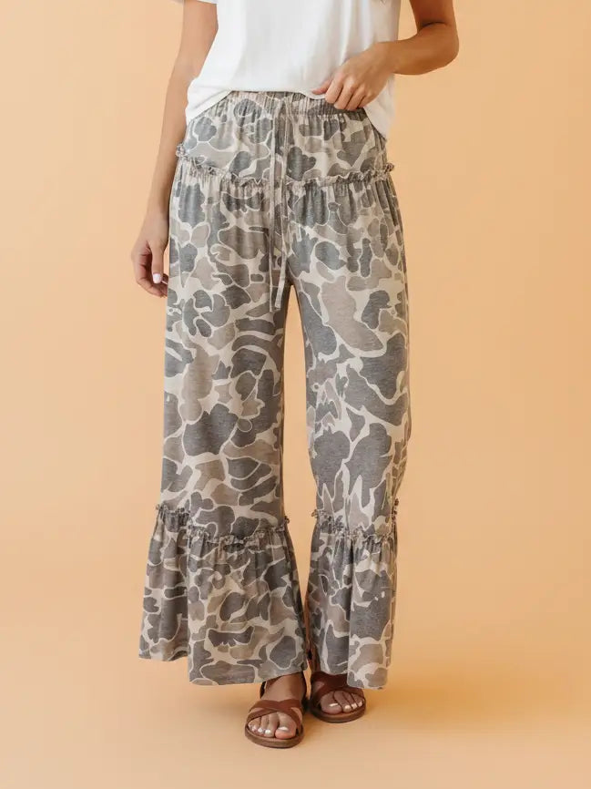 Camo Print Wide Leg Casual Pants
