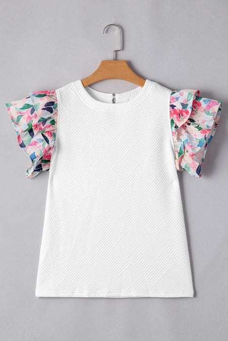 Abstract Print Tiered Ruffled Sleeve Textured Knit Top
