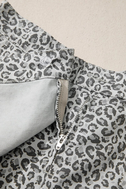 Gray Leopard Print Wrap Front Denim Shorts