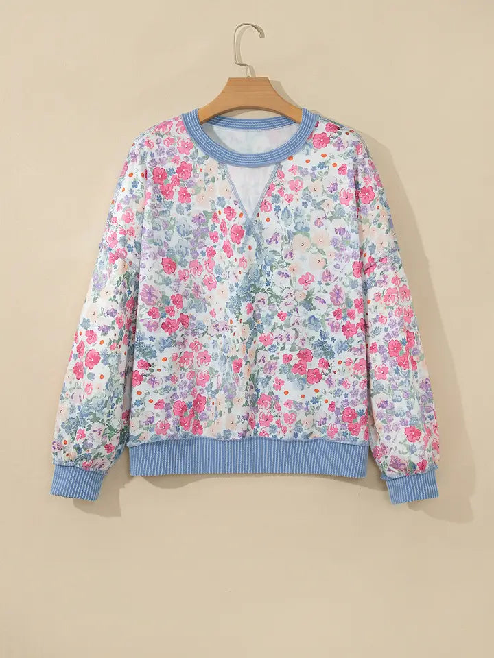 Floral Print Round Neck Long Sleeve Shift Pullover