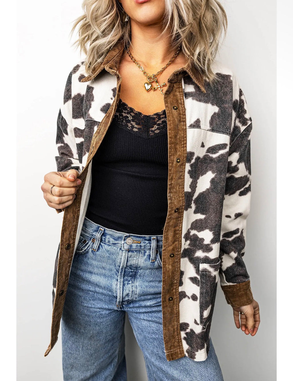 Western Cow Print Denim Shacket
