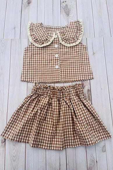 Brown Plaid Top & Skirt Girls Boutique Set